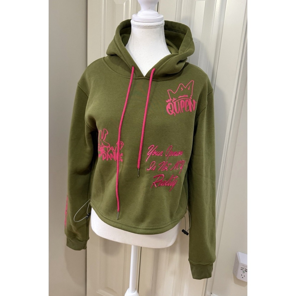 Love 83 Cropped Hoodie Olive Green Pink Graphic Streetwear Womens M Y2K NWT‎